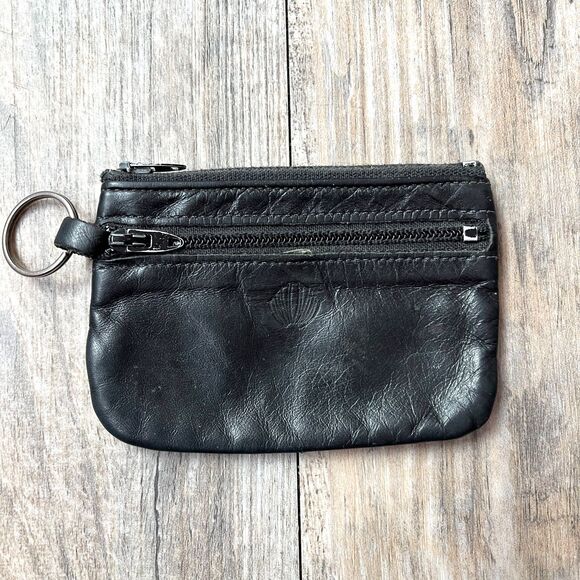 Vintage Leather Coin Pouch Wallet Black 90s Grunge Minimalist Basic Shell Emboss - Picture 1 of 5